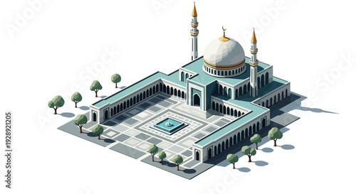 Ramadan mosque illustration with courtyard and minarets on white background