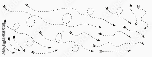 Hand drawn curve dotted line arrow set. curved pointers sign. Sketch curved dashed arrows. signpost showing a confusing complex path. Dashed arrows