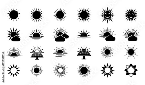 A collection of black and white sun icons and illustrations