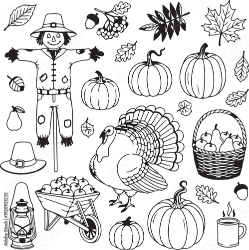 Autumn harvest illustration featuring a scarecrow, turkey, pumpkins, fall leaves, wheelbarrow, and basket of apples, celebrating the season's bounty