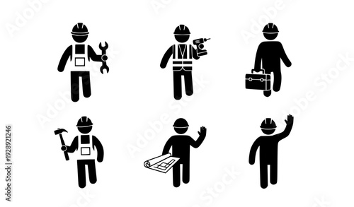 A set of six black silhouette construction worker icons with various tools