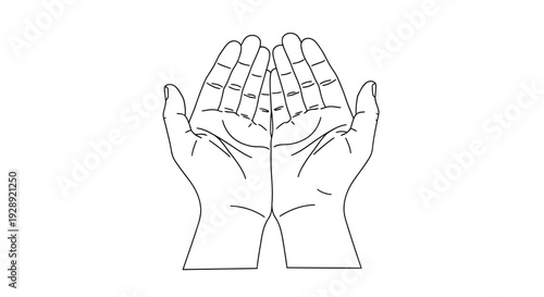 Hands clasped together in prayer, serene illustration of devotion and spiritual connection, white background, simple line art