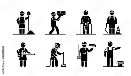 A set of construction workers in various poses as a vector graphic illustration