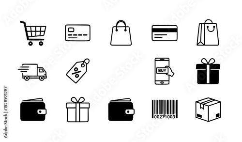 A set of black and white vector icons depicting online shopping and commerce