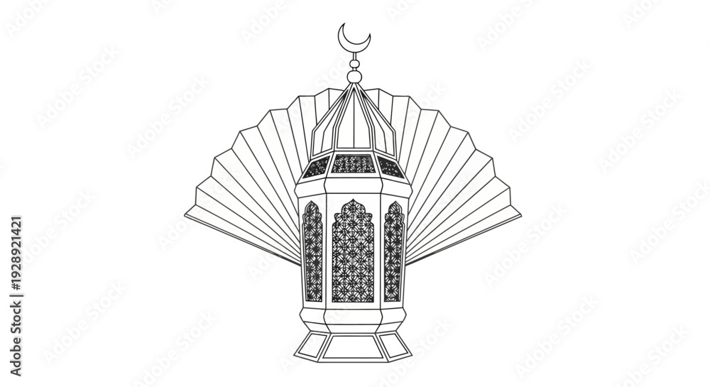 Obraz premium An intricate lantern with crescent moon symbolizing Ramadan, a religious symbol, illustrated in black and white, on a plain white background.