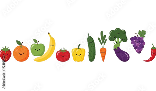 A colorful vector illustration of smiling fruits and vegetables in a row