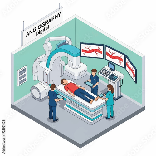 Medical professionals performing digital angiography on a patient in a modern hospital room.
