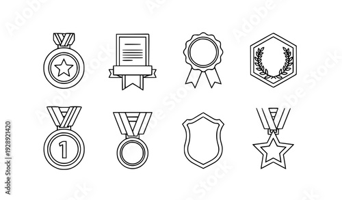 A set of nine black and white line art icons representing awards and recognition