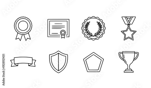 A set of eight black and white line art icons representing awards and recognition
