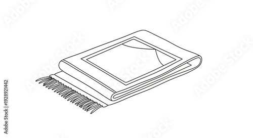 A line drawing of a folded prayer mat with a rectangular design and tassels at one end.