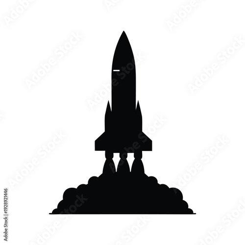 rocket on launch pad silhouette vector illustration, Futuristic rocket launch with flames silhouette vector illustration showcasing space exploration