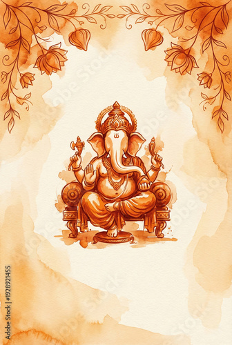 Lord Ganesha watercolor illustration for Indian invitation cards