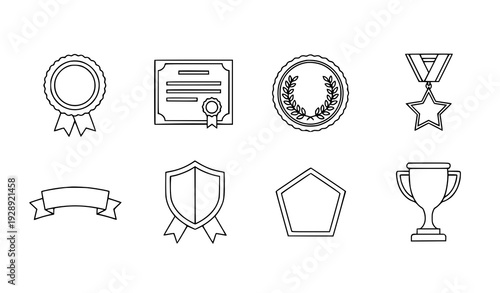 A set of black and white line art icons representing awards and recognition