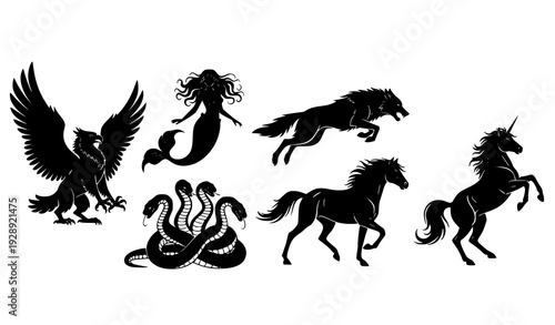 A set of mythical creatures in black silhouette vector graphics