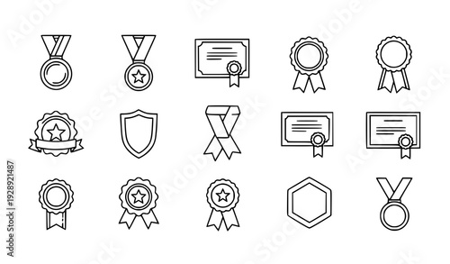 A set of vector icons depicting awards and certificates in a minimalist style