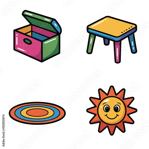 Kids room decor set, storage box, colorful stool, round rug, sunshine motif, nursery makeover workshop, playroom organization session vector