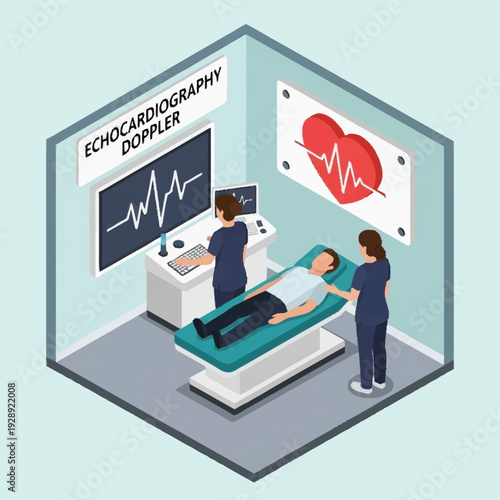 Medical professionals performing echocardiography Doppler test on patient in hospital room.
