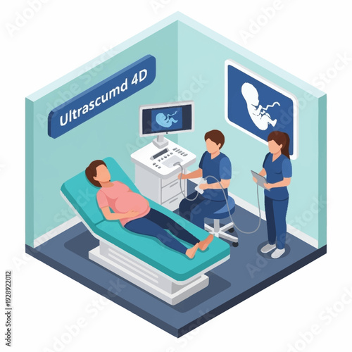 Pregnant woman undergoing ultrasound scan in medical clinic with healthcare professionals.