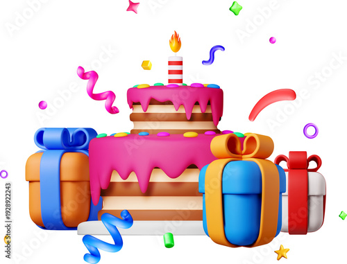 3d Layered birthday cake with gift boxes