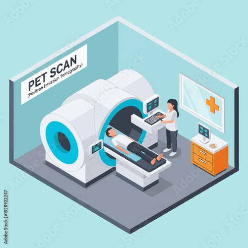 Medical PET Scan Procedure in Hospital Room with Doctor and Patient.