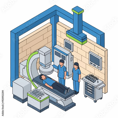 Medical professionals operating MRI machine on patient in hospital.