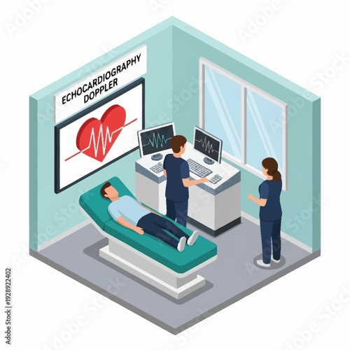 Medical professionals performing echocardiography on a patient in a clinical setting.