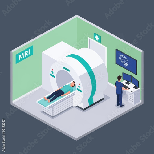 Medical MRI scan procedure in a modern hospital setting with a patient and technician.