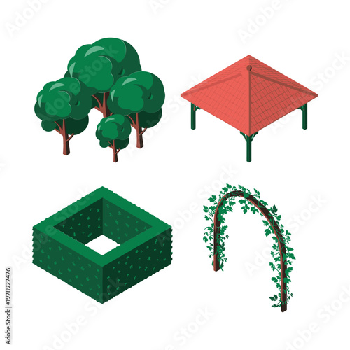 Topiary trees with square hedge planter and ivy archway pavilion roof for botanical garden event, park makeover plan, landscape design
