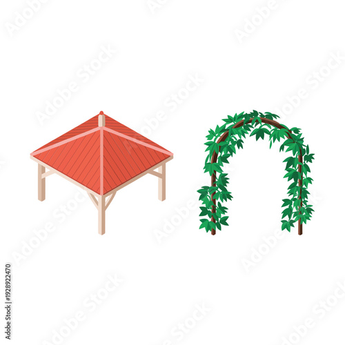 Garden pavilion gazebo and ivy archway isometric icons for wedding ceremony, spring festival fair, park renovation plan, event decoration design