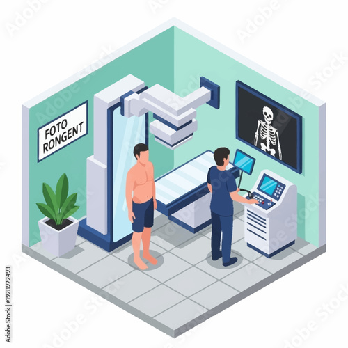 Medical professional examining patient with X-ray machine in hospital room.