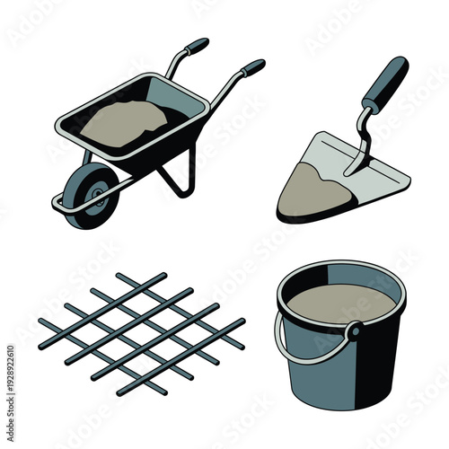 Construction site concrete tools with wheelbarrow, trowel, bucket and reinforcement mesh, masonry work vector for building foundation project illustration design
