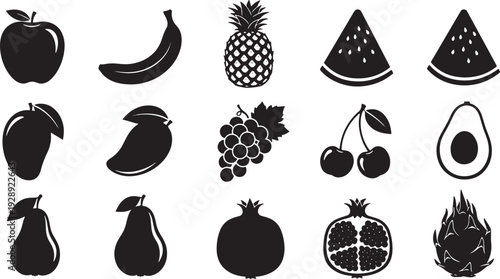 Minimalist Black Fruit Silhouette Vector Icons Set Apple, Banana, Pineapple, Watermelon, Mango, Grapes, Cherries, Pear, Pomegranate, Avocado, Dragon Fruit