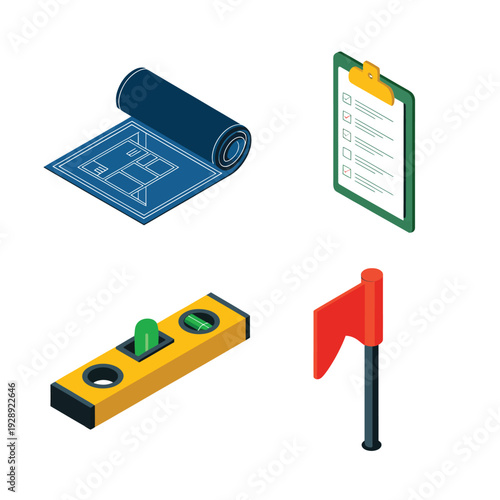 Blueprint plan, clipboard checklist, spirit level and safety flag, construction management vector for architecture project planning and site inspection illustration