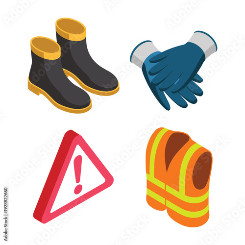 Protective boots, work gloves, safety vest and caution triangle, construction personal protective equipment vector for industrial safety workshop design poster