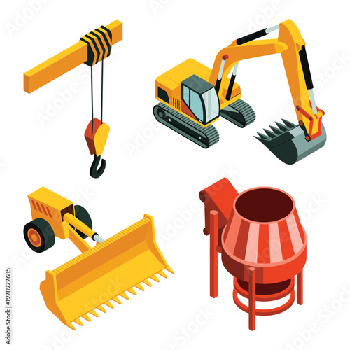 Heavy construction machinery icons with crane hook, excavator arm, concrete mixer, bulldozer blade for engineering expo poster, infrastructure project design