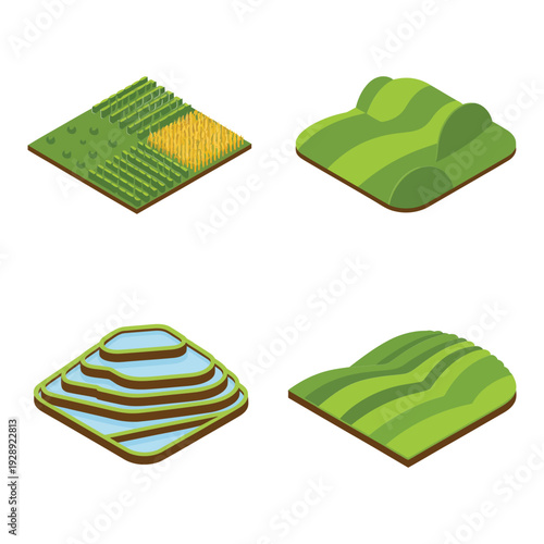 Isometric countryside field tiles with crop farm, rolling green hills and layered terrain, agriculture simulation game map landscape design