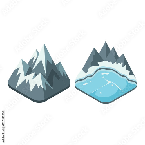 Isometric alpine mountain landscape with snowy peaks and icy lake, winter tourism map tile for adventure game, hiking design