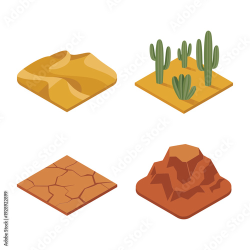 Isometric wild west desert tiles with sand plateau, cactus field, cracked soil and rocky canyon, adventure game map design