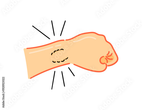 Illustration of a hand with a bite mark. Bitten by an animal or person. Pain and soreness from a bite on the wrist. Flat illustration with outline. White background.