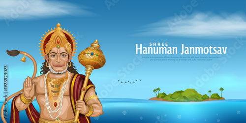 Happy Hanuman Jayanti Janmotsav Greeting Design, Lord Hanuman Background. A Hindu festival celebrated of lord hanuman birthday.