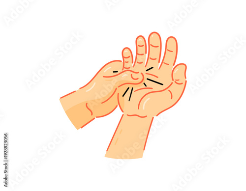 Illustration of a painful hand when trying to straighten a finger. A hand affected by trigger finger, inflammation of the tendon sheath of the finger. Difficulty straightening a finger. Hand massage 