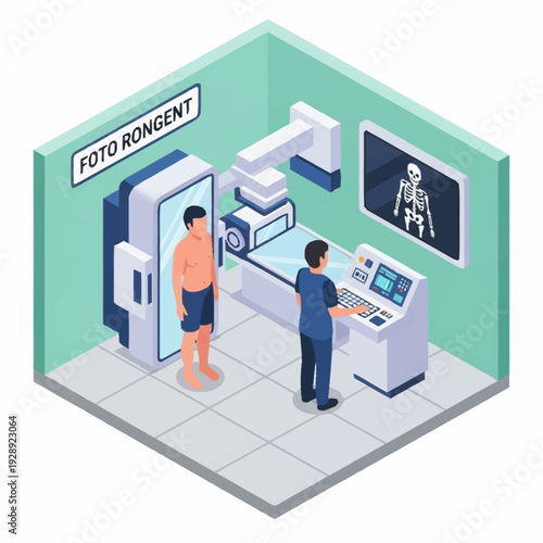 Medical Imaging Room with Doctor and Patient Undergoing X-ray.