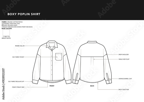 Boxy Revere Collar Organic Cotton Poplin Shirt Technical Design Template
