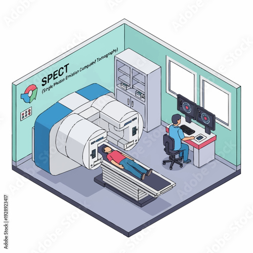 Medical Imaging SPECT Scan Procedure in Hospital Room.