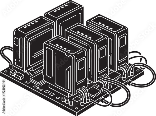 Illustration of computer servers connected to a motherboard with cables and components