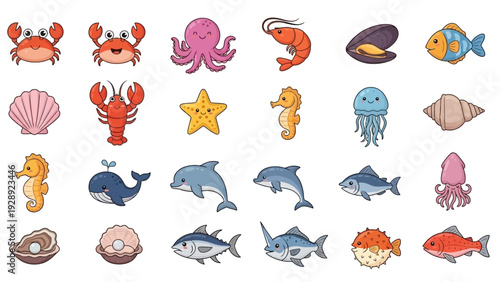 Colorful Cartoon Sea Creatures and Animals.