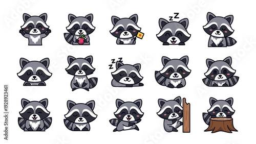 Raccoon Cartoon Character Emotions Set Illustration.