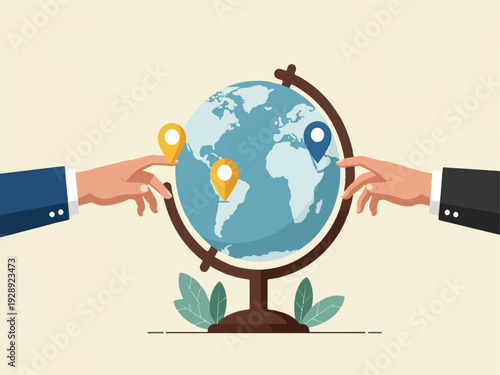 Businessman and businesswoman holding globe with location pins on it for global partnership and international business concept  travel and tourism
