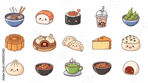 Assorted Asian Cuisine and Desserts Illustration.