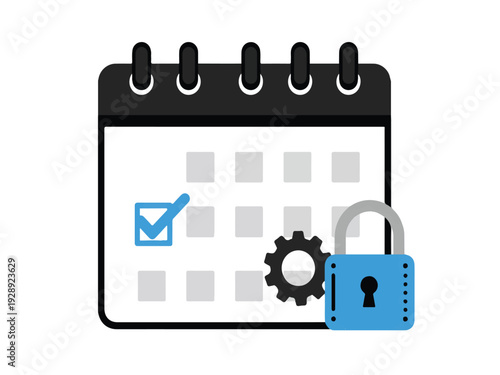 Calendar with checkmark checkbox gear and lock on white background  security planning concept
